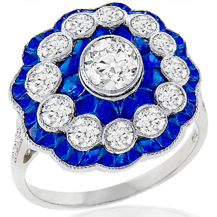 Art Deco Style 1.72ct Diamond 2.27ct Sapphire 18k Gold Ring
