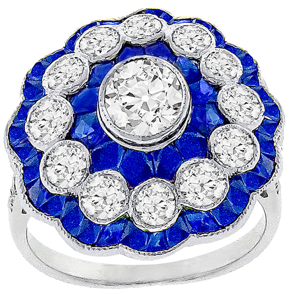 Art Deco Style 1.72ct Diamond 2.27ct Sapphire 18k Gold Ring