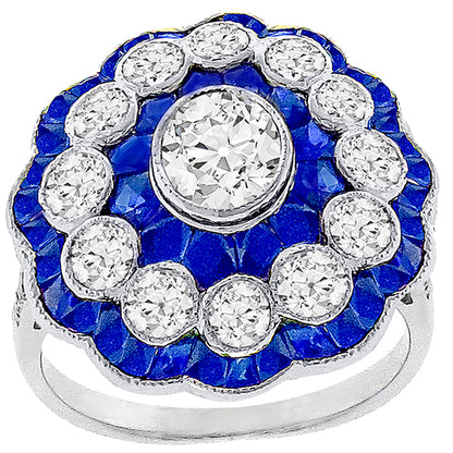 Art Deco Style 1.72ct Diamond 2.27ct Sapphire 18k Gold Ring