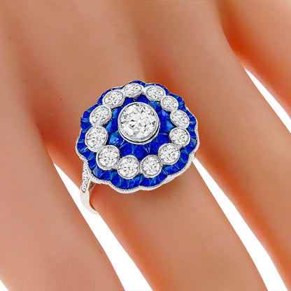 Art Deco Style 1.72ct Diamond 2.27ct Sapphire 18k Gold Ring