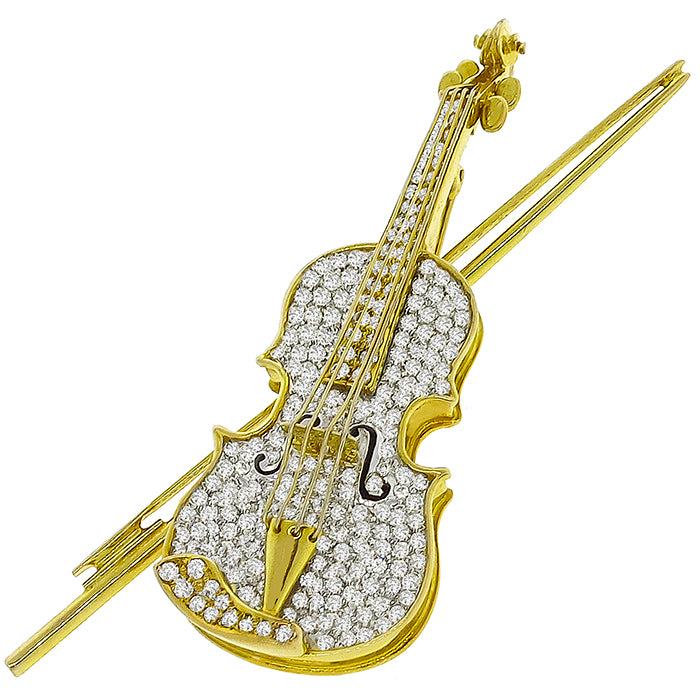 Estate 3.50ct Round Cut Diamond 14k Yellow  Gold Enamel Violin Pin