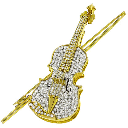 Estate 3.50ct Round Cut Diamond 14k Yellow  Gold Enamel Violin Pin
