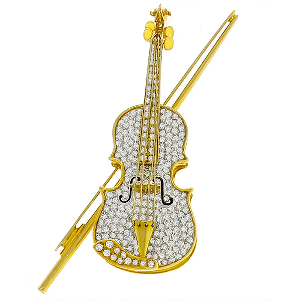 Estate 3.50ct Round Cut Diamond 14k Yellow  Gold Enamel Violin Pin