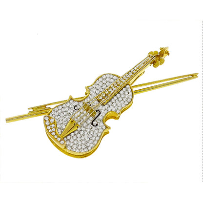 Estate 3.50ct Round Cut Diamond 14k Yellow  Gold Enamel Violin Pin