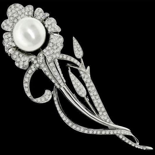 White South Sea Pearl and Diamond 18k White Gold Flower Pin