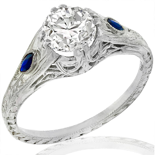 Art Deco GIA certified Diamond Platinum Ring with Sapphire Accents