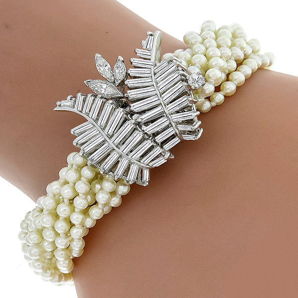 Vintage 1950s Pearl and Diamond clasp in Platinum Bracelet