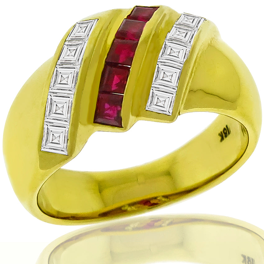 Estate 0.25ct Square Cut Ruby 0.50ct Carre Cut Diamond 18k Yellow Gold Ring
