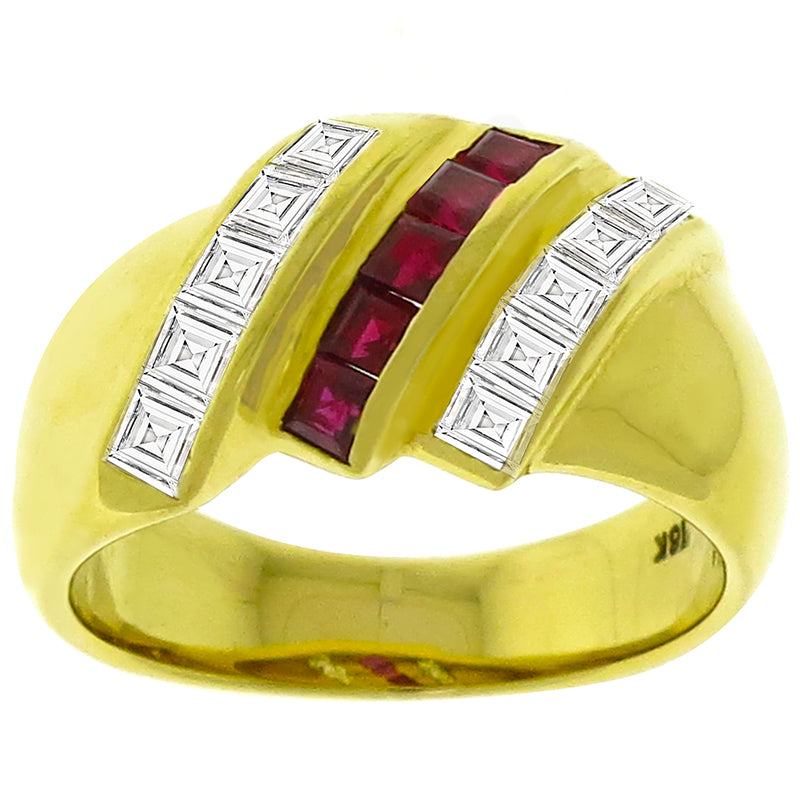 Estate 0.25ct Square Cut Ruby 0.50ct Carre Cut Diamond 18k Yellow Gold Ring