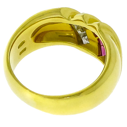 Estate 0.25ct Square Cut Ruby 0.50ct Carre Cut Diamond 18k Yellow Gold Ring
