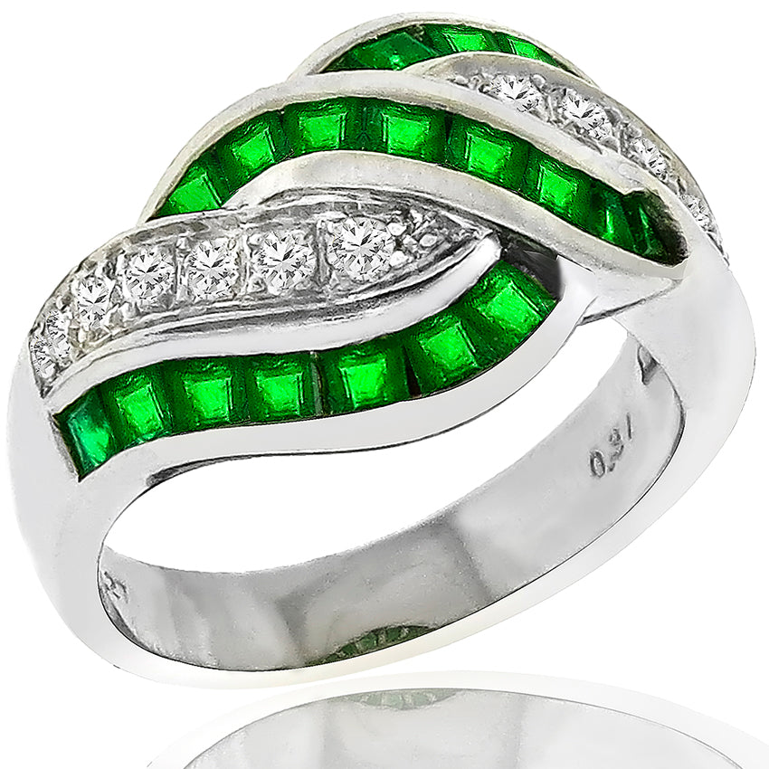 Estate 1.27ct Square Cut Emerald 0.34ct Round Cut Diamond Platinum Ring