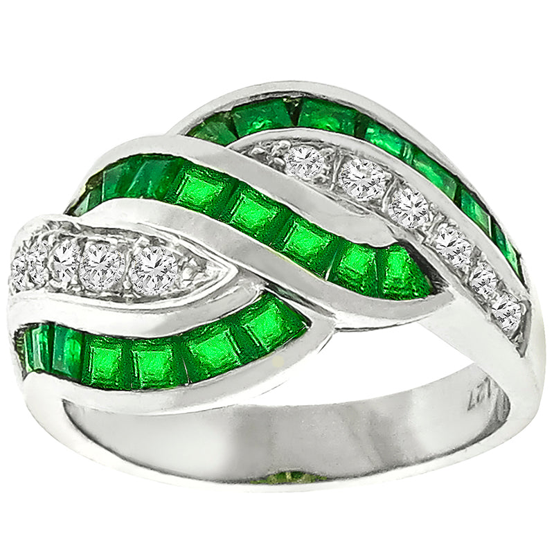 Estate 1.27ct Square Cut Emerald 0.34ct Round Cut Diamond Platinum Ring