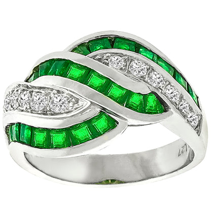 Estate 1.27ct Square Cut Emerald 0.34ct Round Cut Diamond Platinum Ring