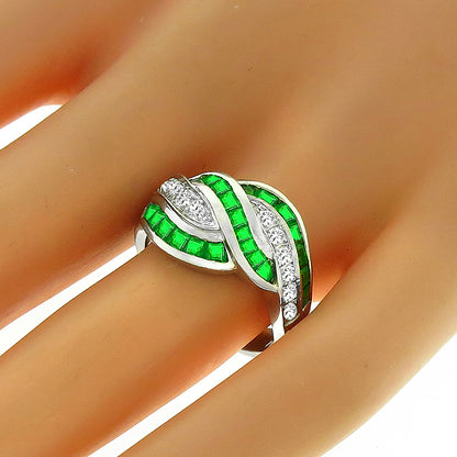 Estate 1.27ct Square Cut Emerald 0.34ct Round Cut Diamond Platinum Ring
