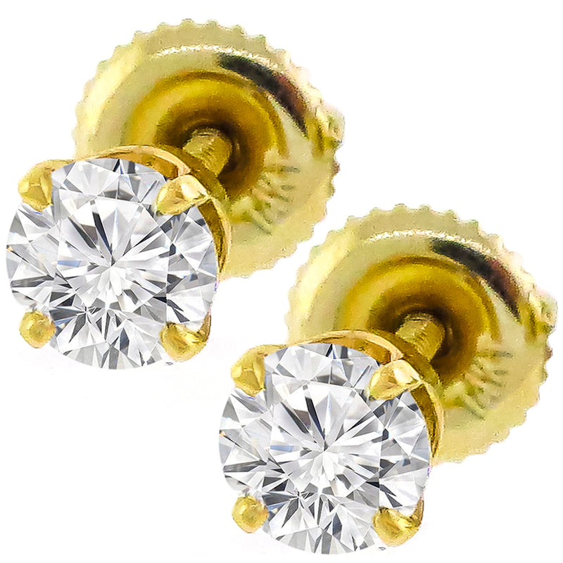 Estate 0.80ct Round Brilliant Diamond Screw Back 14k Yellow Gold Stud Earrings