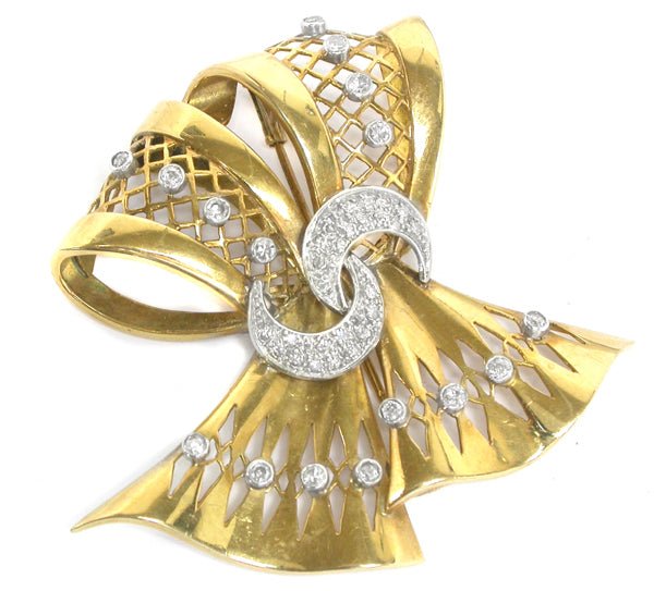 Retro 0.65ct Diamond 18k Yellow & White Gold Ribbon Pin