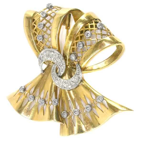 Retro 0.65ct Diamond 18k Yellow & White Gold Ribbon Pin