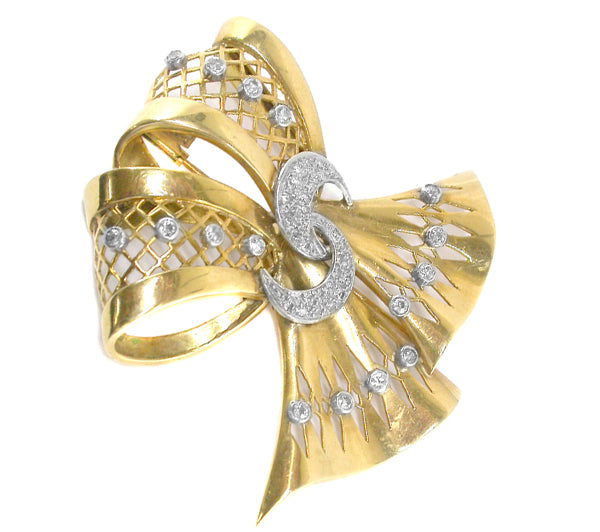 Retro 0.65ct Diamond 18k Yellow & White Gold Ribbon Pin