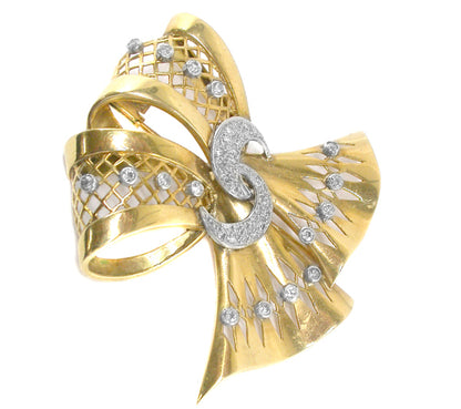 Retro 0.65ct Diamond 18k Yellow & White Gold Ribbon Pin