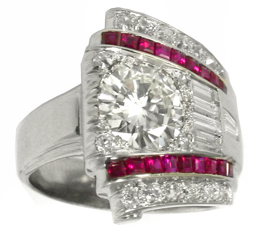 Retro 1.46ct  Round  Diamond  Ruby Ring