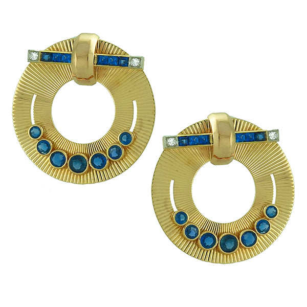 4 Carat Sapphire Retro Pin Double Clip in 14 Karat Yellow Gold