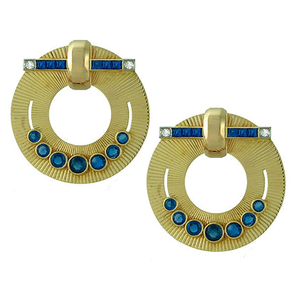 4 Carat Sapphire Retro Pin Double Clip in 14 Karat Yellow Gold