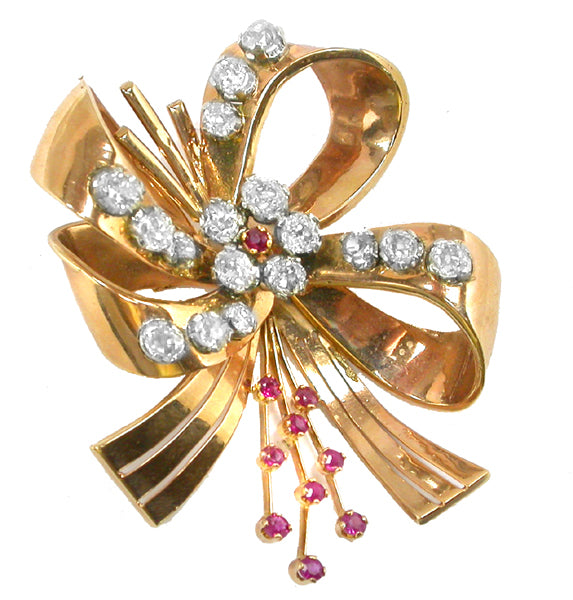 Retro 5.95ct Diamond Ruby 18k Pink and White Gold  Bow  Pin