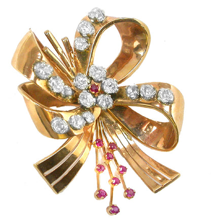 Retro 5.95ct Diamond Ruby 18k Pink and White Gold  Bow  Pin