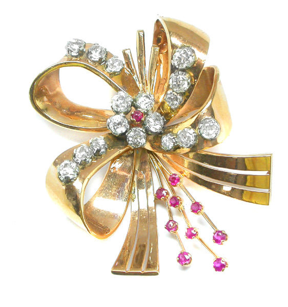 Retro 5.95ct Diamond Ruby 18k Pink and White Gold  Bow  Pin