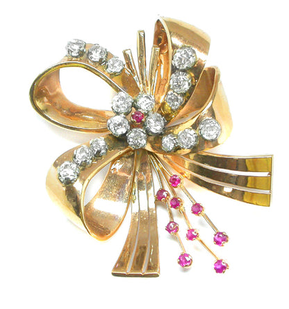 Retro 5.95ct Diamond Ruby 18k Pink and White Gold  Bow  Pin