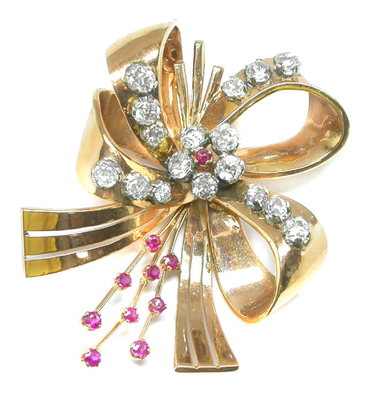 Retro 5.95ct Diamond Ruby 18k Pink and White Gold  Bow  Pin