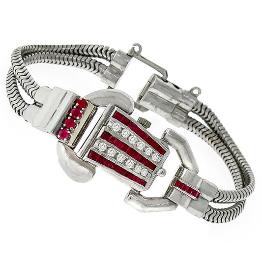 Retro Ruby Diamond 14k White Gold Ladies Cover Watch Bracelet