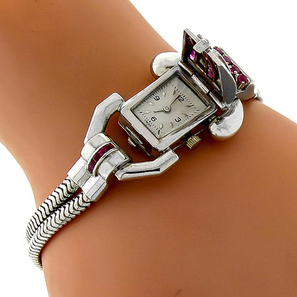 Retro Ruby Diamond 14k White Gold Ladies Cover Watch Bracelet