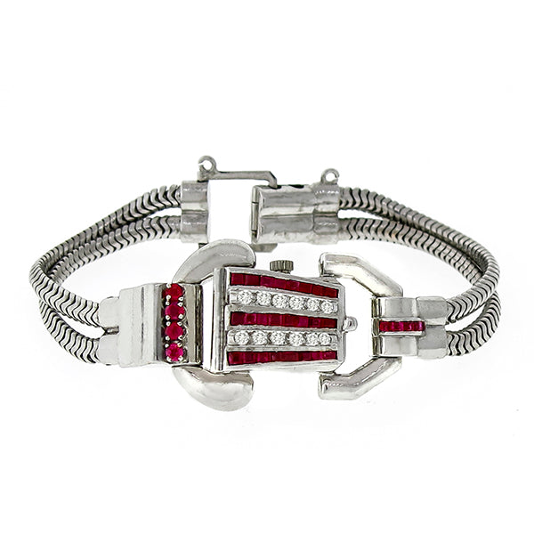 Retro Ruby Diamond 14k White Gold Ladies Cover Watch Bracelet