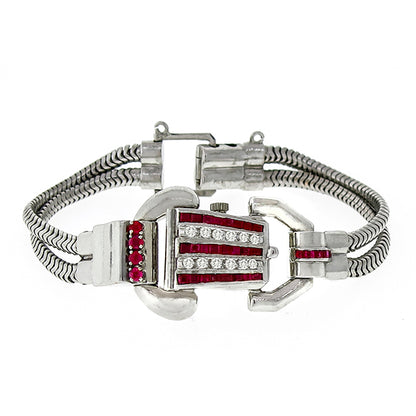 Retro Ruby Diamond 14k White Gold Ladies Cover Watch Bracelet