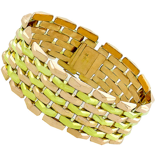 Vintage 1940s Retro Two Tone 18k Green and Pink Gold Geometric Bracelet