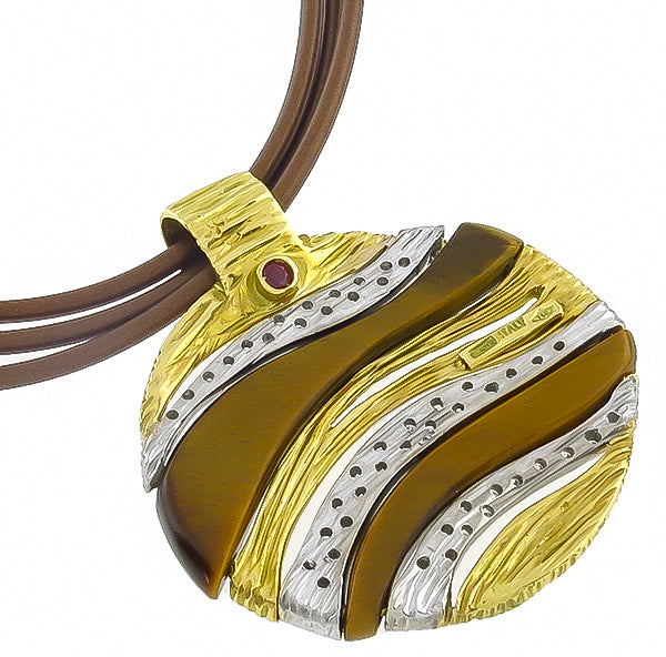 Roberto Coin 0.80ct Diamond Tiger's Eye Elephant Skin Gold Pendant Necklace