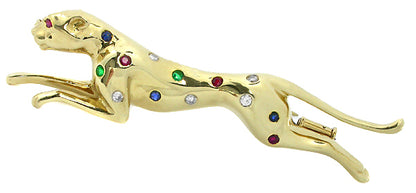 Ruby Emerald Sapphire Diamond 18k Gold Panther Pin