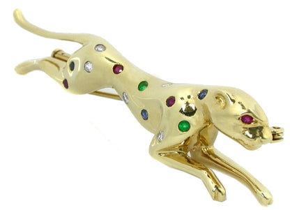 Ruby Emerald Sapphire Diamond 18k Gold Panther Pin