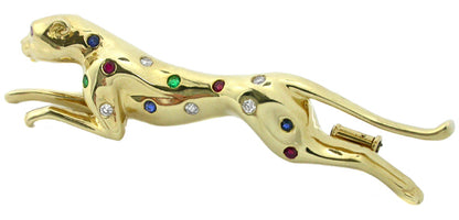 Ruby Emerald Sapphire Diamond 18k Gold Panther Pin