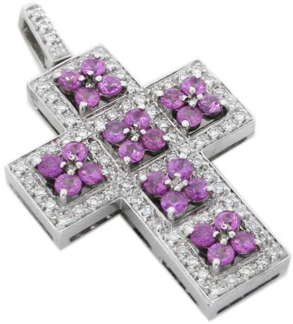 Sapphire  Diamond 18k White Gold Cross Pendant