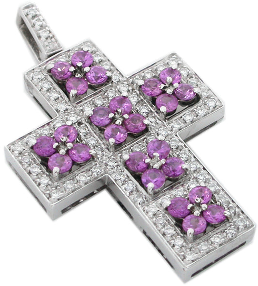 Sapphire  Diamond 18k White Gold Cross Pendant