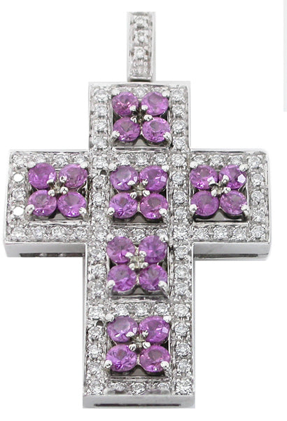 Sapphire  Diamond 18k White Gold Cross Pendant