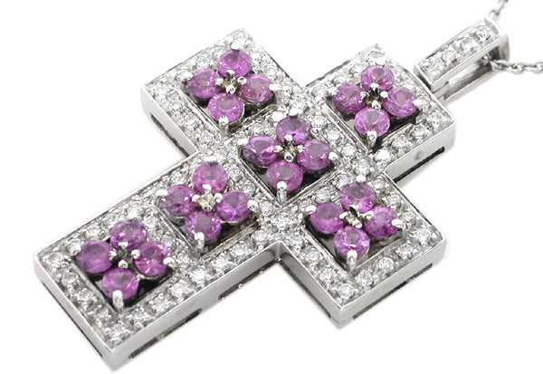 Sapphire  Diamond 18k White Gold Cross Pendant
