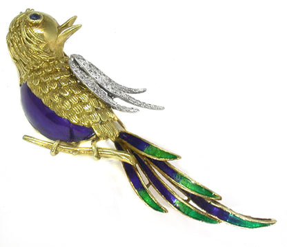 Sapphire  Diamond Enamel  Gold Bird Pin