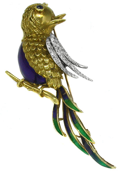 Sapphire  Diamond Enamel  Gold Bird Pin