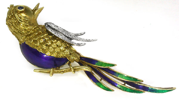 Sapphire  Diamond Enamel  Gold Bird Pin