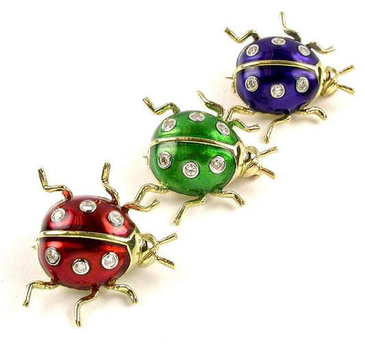 Suite of Three 18K Gold Enamel Ladybug Pins w/ Diamonds