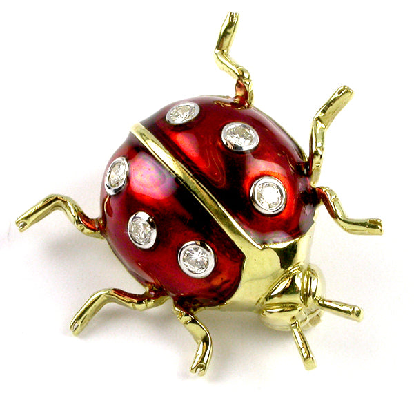 Suite of Three 18K Gold Enamel Ladybug Pins w/ Diamonds