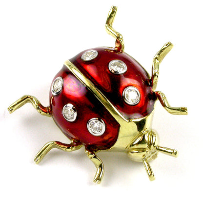 Suite of Three 18K Gold Enamel Ladybug Pins w/ Diamonds